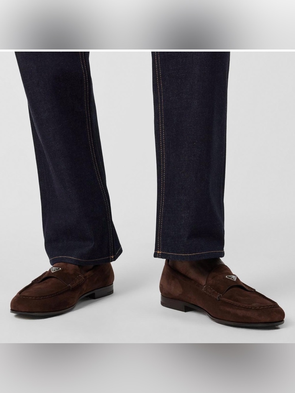 PRADA BROWN CALF SUEDE LOAFERS METAL TRIANGLE LOGO MEN’S SZ UK 9.5 / US 10.5 NEW - Picture 10 of 16